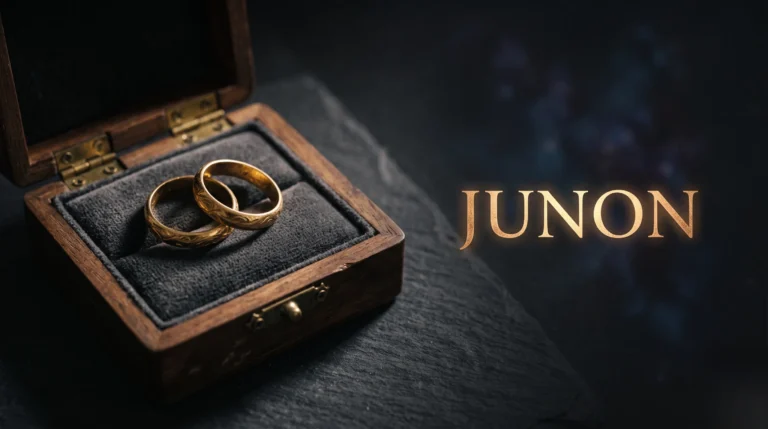 Alliances anciennes entrelacées dans un écrin sombre, avec le titre Junon incrusté en lettres dorées.