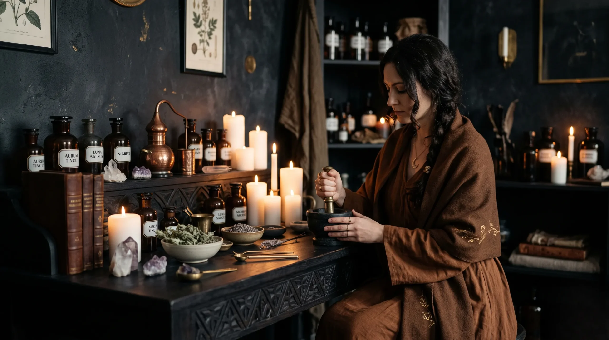 Sanctuaire intime aux teintes sombres et chaleureuses, ambiance sacrée propice à la libération karmique de la Maison 12.