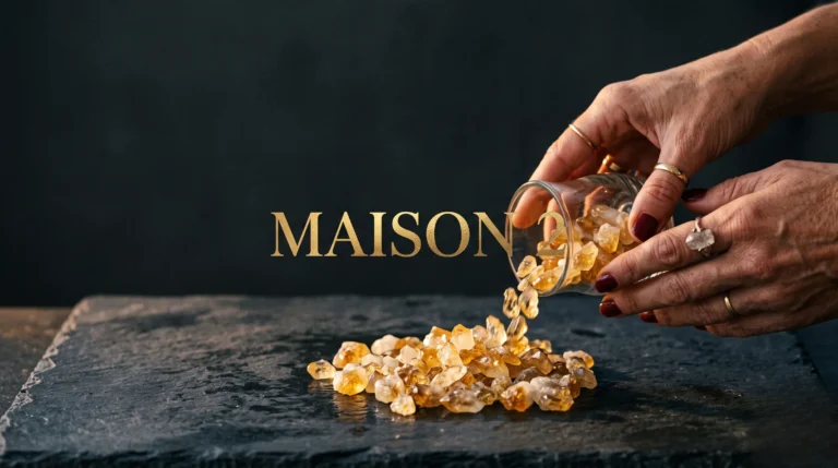 Mains versant des cristaux de citrine dorée sur fond sombre, avec le titre Maison 2 incrusté en relief doré.