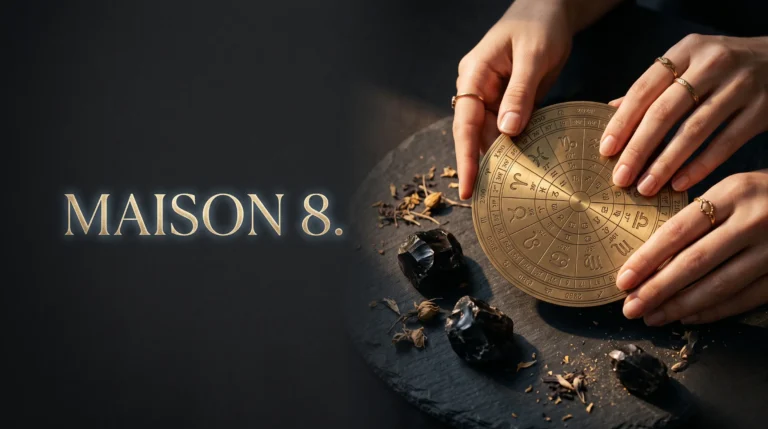 Gros plan sur des mains manipulant des cristaux d'obsidienne et une carte astrologique, avec le titre Maison 8 en lettres dorées.