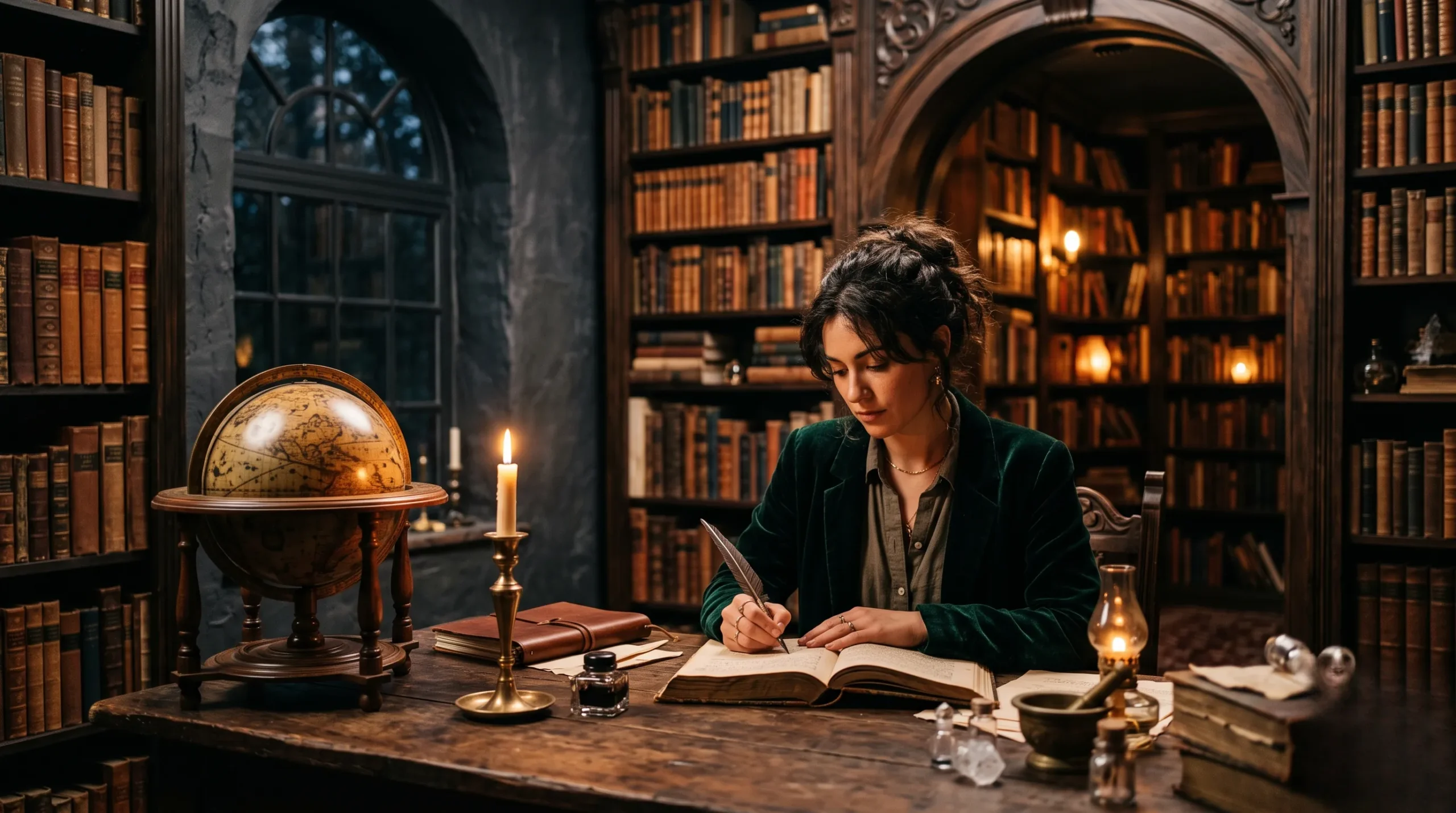 Bibliothèque sacrée aux boiseries sombres et reflets chaleureux, symbolisant la quête spirituelle de la Maison 9.