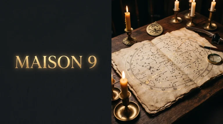 Carte céleste ancienne déployée sur une table en bois sombre, avec le titre Maison 9 en lettres d'or.