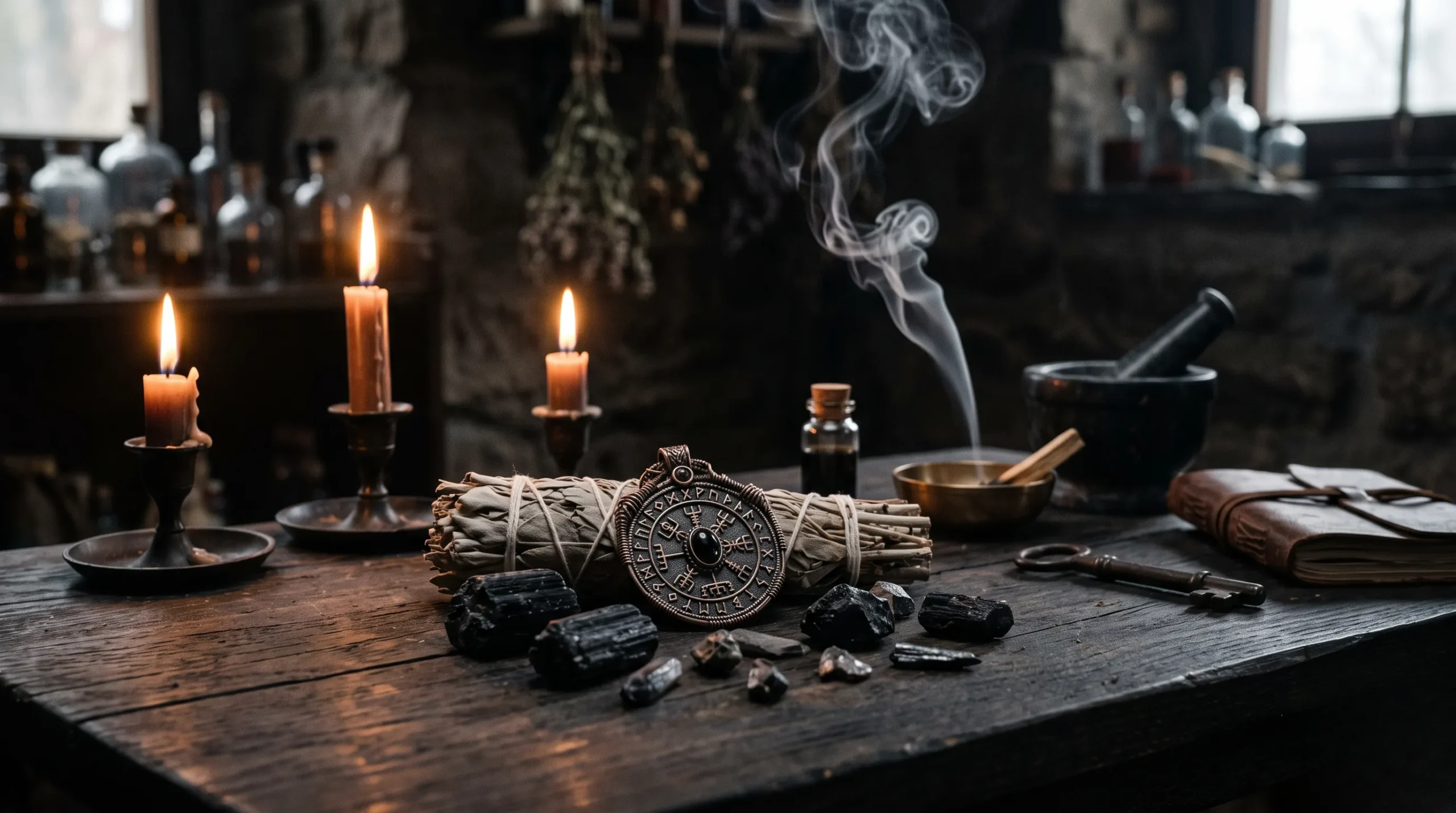 noeud de sorcière : Un grigri protecteur repose sur de la sauge séchée et des pierres noires dans une lumière tamisée de bougie