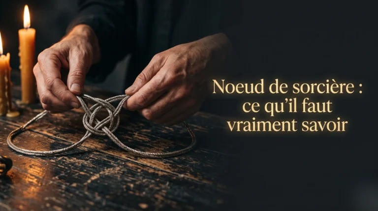 Des mains nouent un cordon argenté sur une table en bois sombre pour révéler les secrets du nœud de sorcière