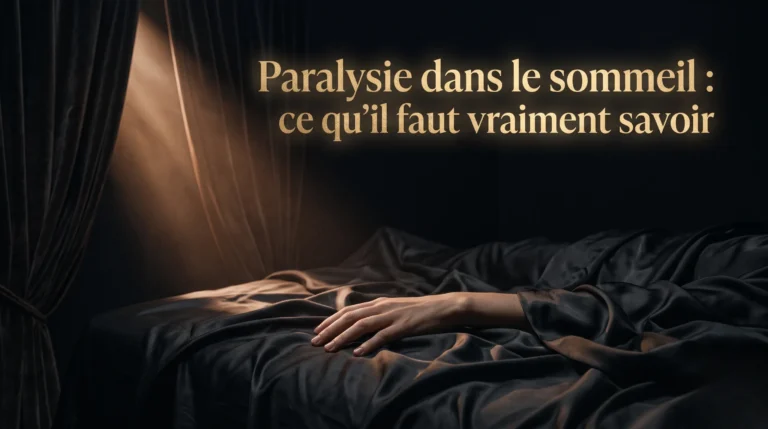 Une main immobile sur des draps en soie sombre sous un rai de lumière lunaire pour aborder la paralysie du sommeil