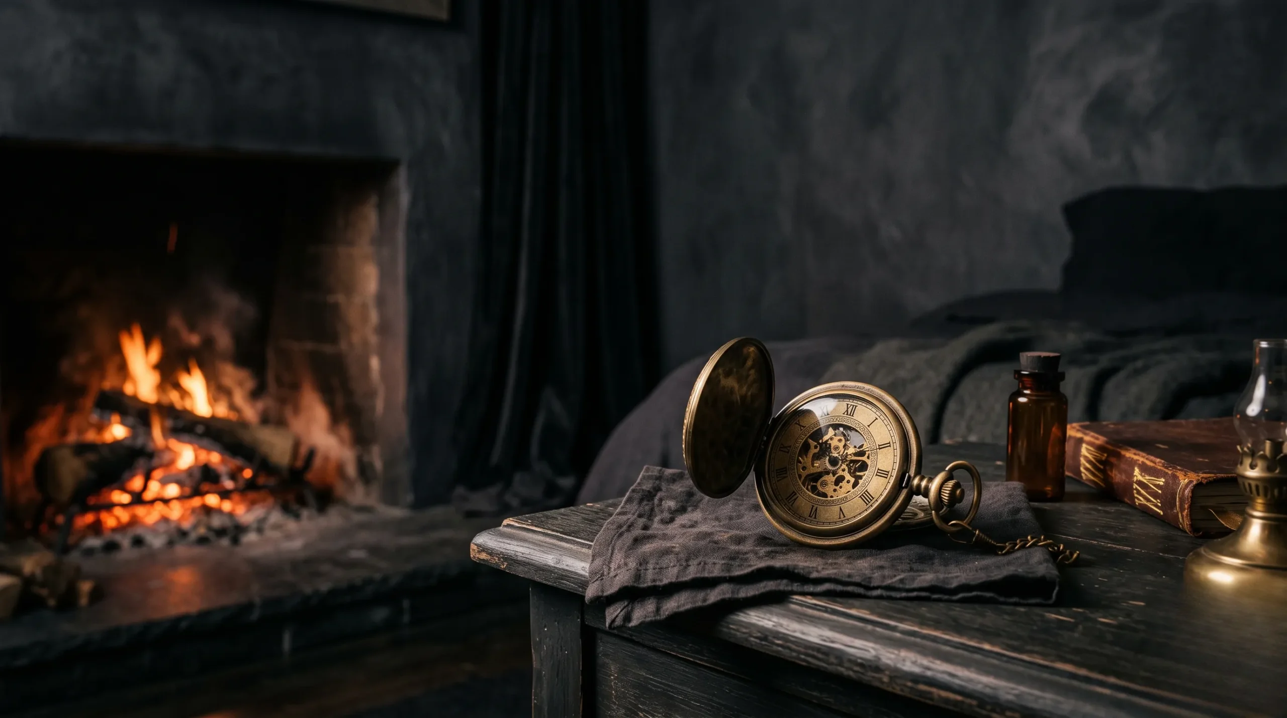 paralysie dans le sommeil : Une montre à gousset ancienne repose sur une table de nuit dans une pénombre apaisante et mystérieuse