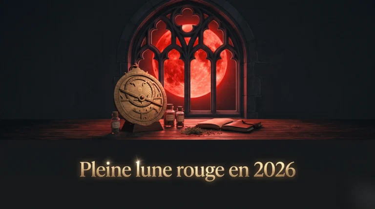 Une grande lune rouge brille à travers une fenêtre gothique pour annoncer la pleine lune écarlate