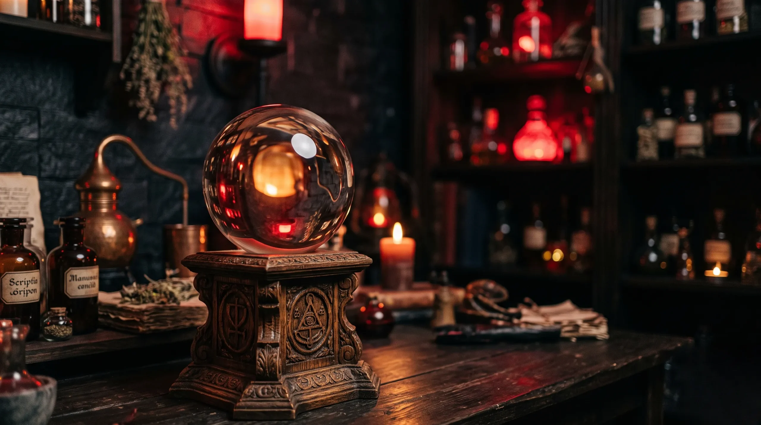 pleine lune rouge : Une sphère de cristal posée sur un socle capte une lueur rougeoyante et mystérieuse