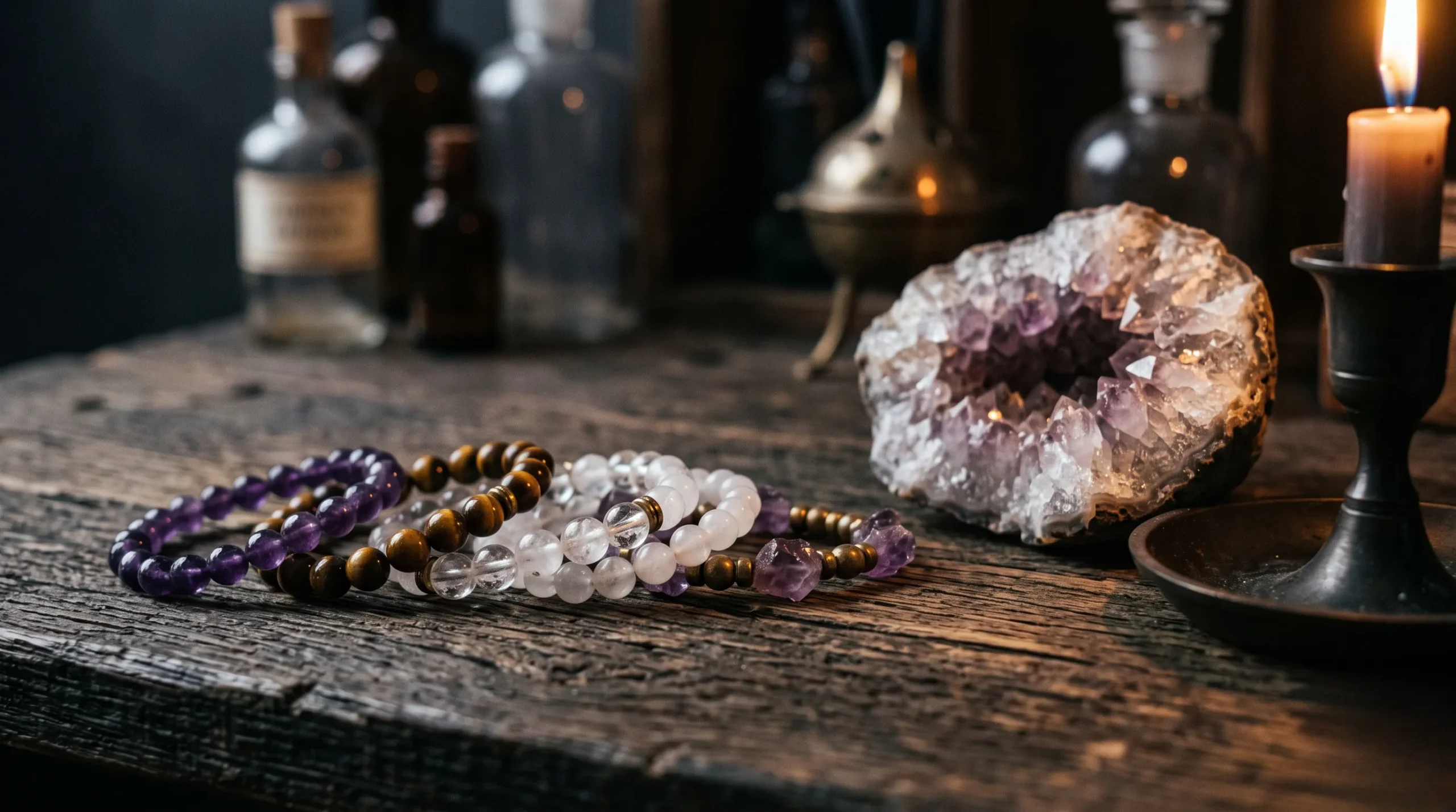Un arrangement élégant de plusieurs bracelets en pierres naturelles de lithothérapie posés sur une table en bois sombre éclairée à la bougie