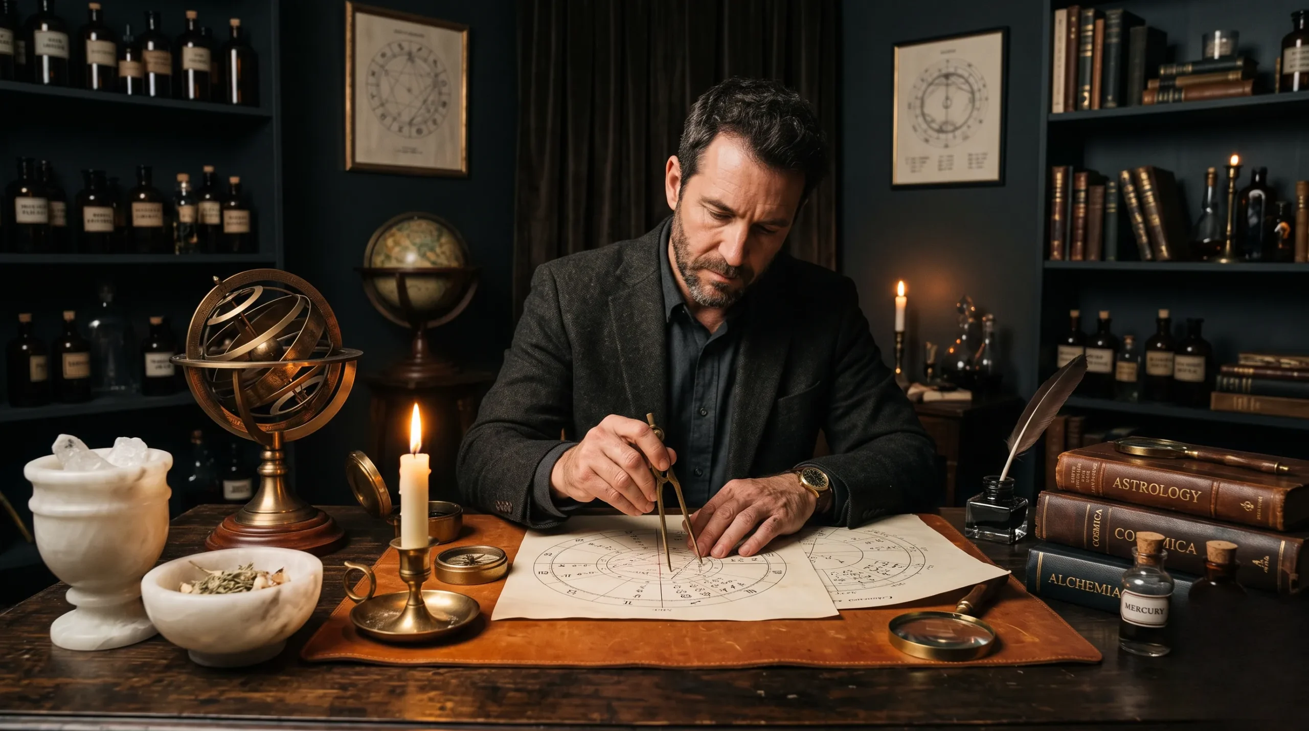 Espace de travail astrologique sophistiqué aux tons sombres et chaleureux, idéal pour aborder le quinconce. Quinconce astrologie