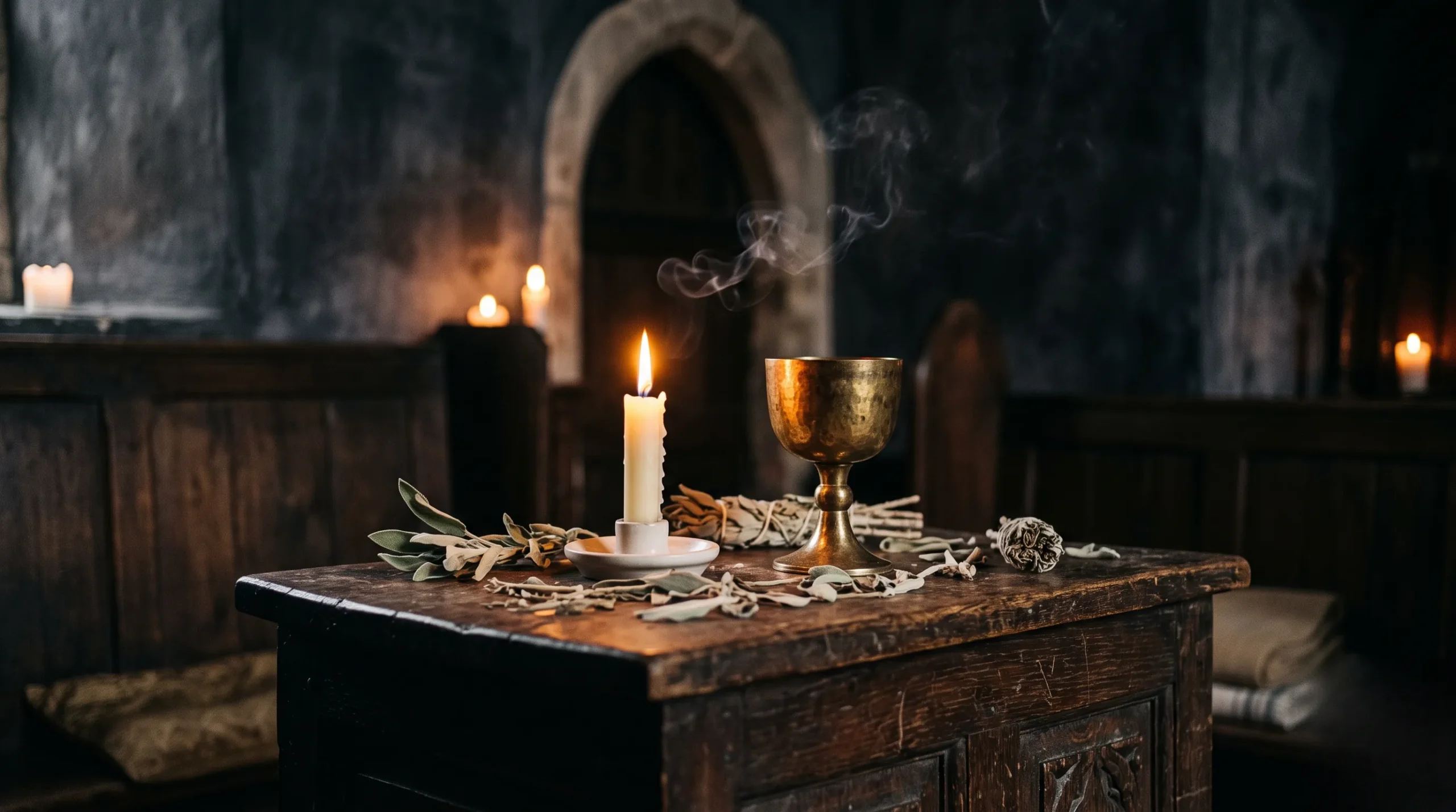 Autel mystique avec bougie et encens pour un rituel de pleine lune.