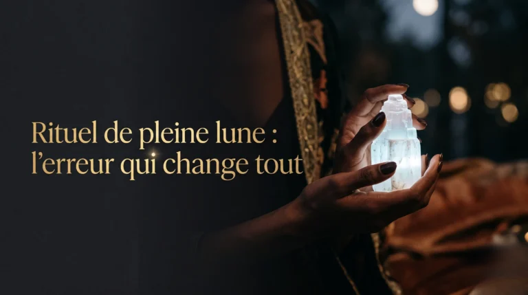 Mains tenant un cristal de sélénite sous la lune, illustration pour un article sur le rituel de pleine lune.