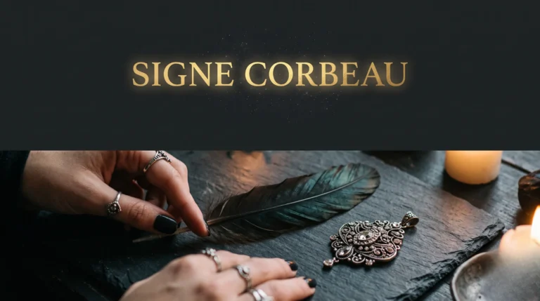 Plume de corbeau et pendentif argenté posés sur une table sombre, avec le titre Signe Corbeau en relief doré.
