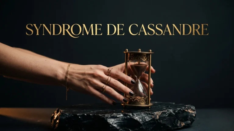 Gros plan sur un sablier ancien manipulé avec soin, avec le titre du syndrome de Cassandre incrusté en relief doré.