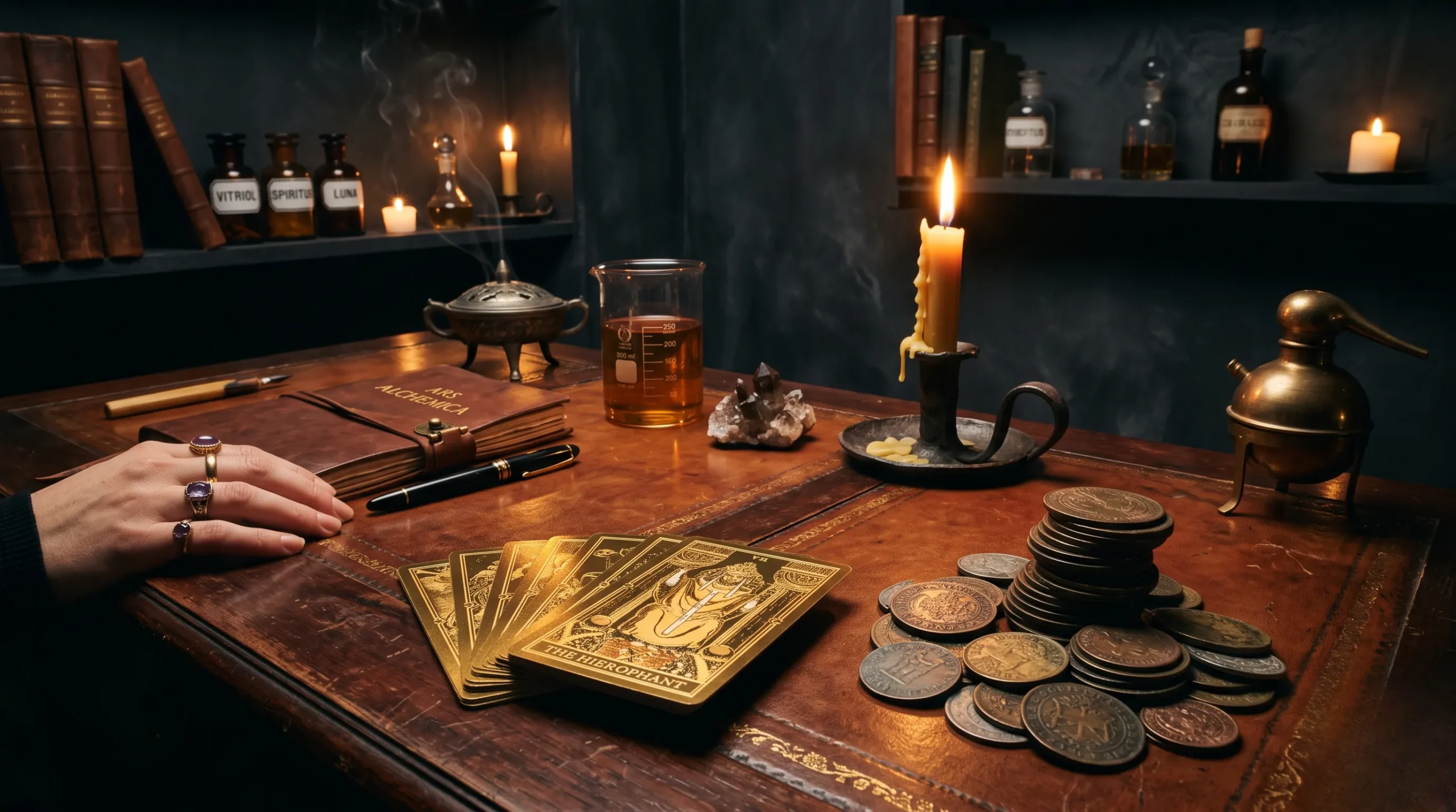 Table de tirage divinatoire luxueuse aux accents dorés et sombres, dédiée à la prospérité financière. Tarots finances gratuits