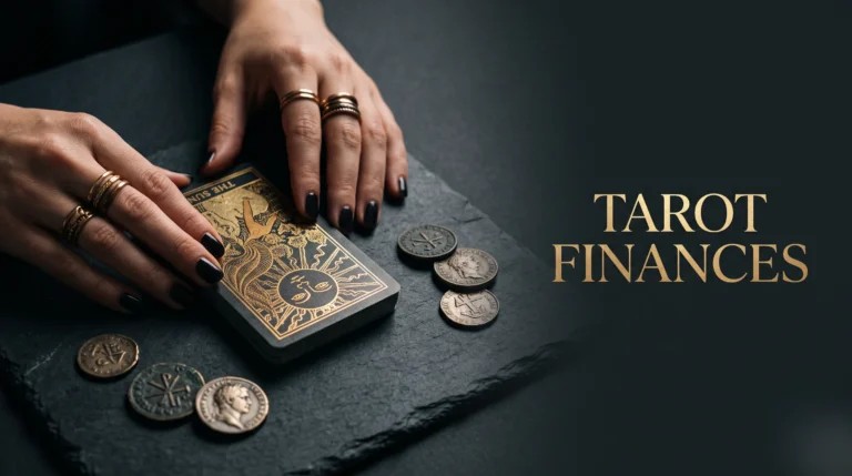 Gros plan sur une carte de tarot dorée et des pièces anciennes, avec le titre Tarot Finances en lettrage doré.