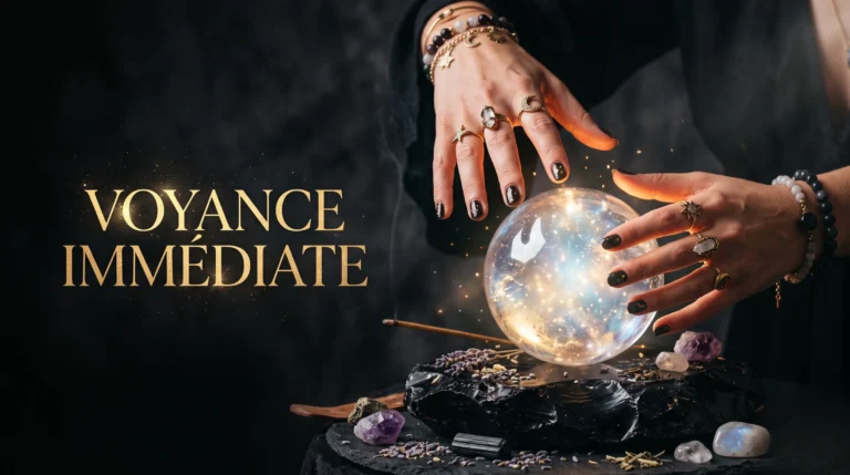 Mains au-dessus d'une sphère de cristal lumineuse, avec le titre Voyance Immédiate incrusté en or.