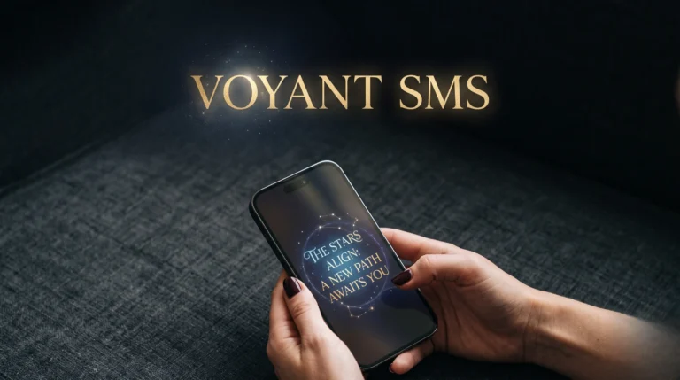 Mains tenant un smartphone diffusant une lueur mystique, avec le titre Voyant SMS incrusté en or.