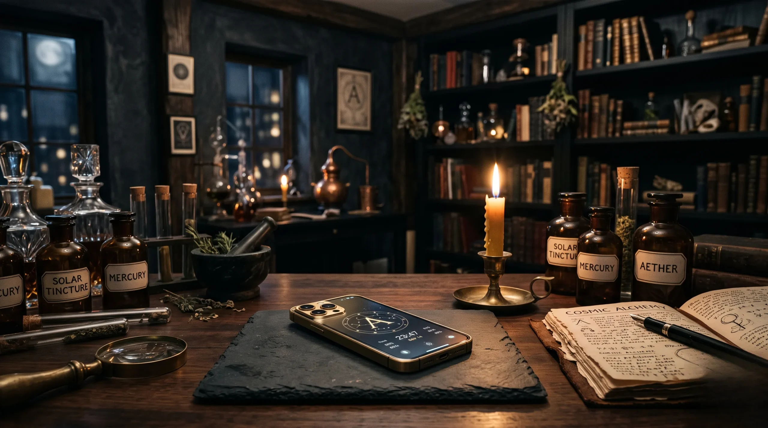Bureau ésotérique moderne et chaleureux aux tons sombres, associant tradition et consultation par SMS.