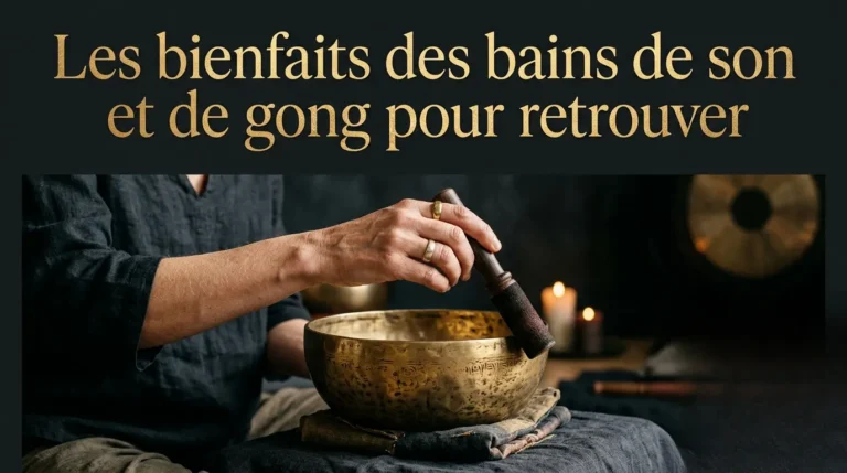 Des mains font vibrer un bol chantant tibétain doré lors d'une séance de bains de son