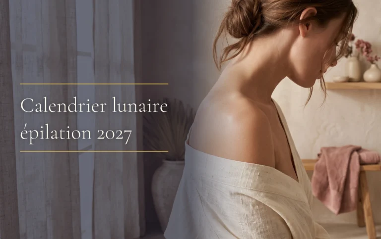 Mise en avant éditoriale minimaliste pour le calendrier lunaire épilation 2027 dans un spa de luxe