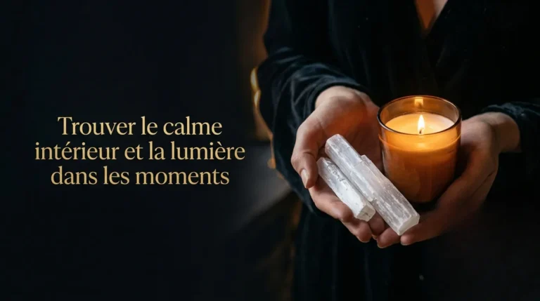 Des mains délicates tiennent un cristal de sélénite et une bougie dorée pour trouver le calme intérieur