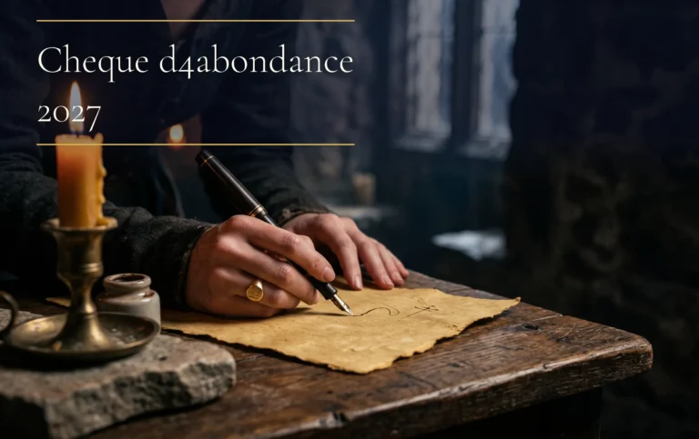 mains écrivant sur un parchemin doré avec un stylo plume sous une lumière chaleureuse pour le cheque d'abondance 2027