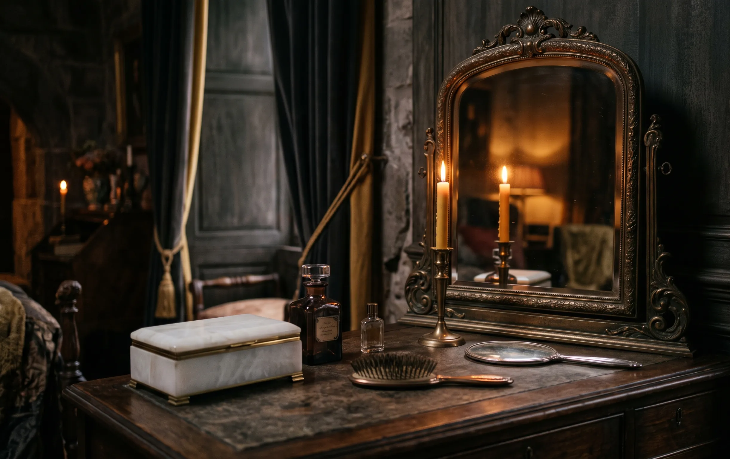 miroir ancien en bronze et lueur de bougie sur une coiffeuse en bois sombre