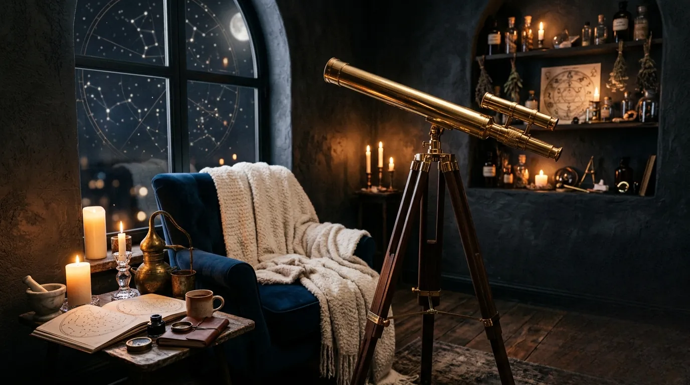Une ambiance feutrée avec des bougies allumées et des objets sacrés en bois sombre dans un salon mystique