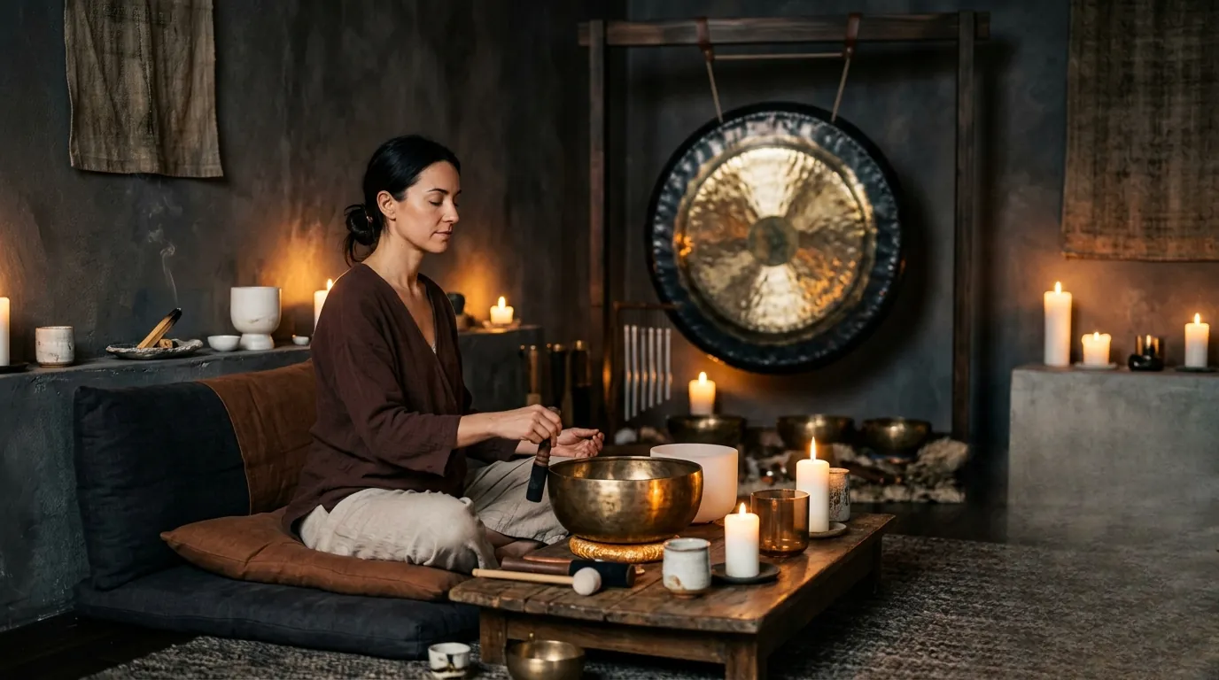 Un grand gong en bronze suspendu dans une pièce aux teintes sombres et chaleureuses