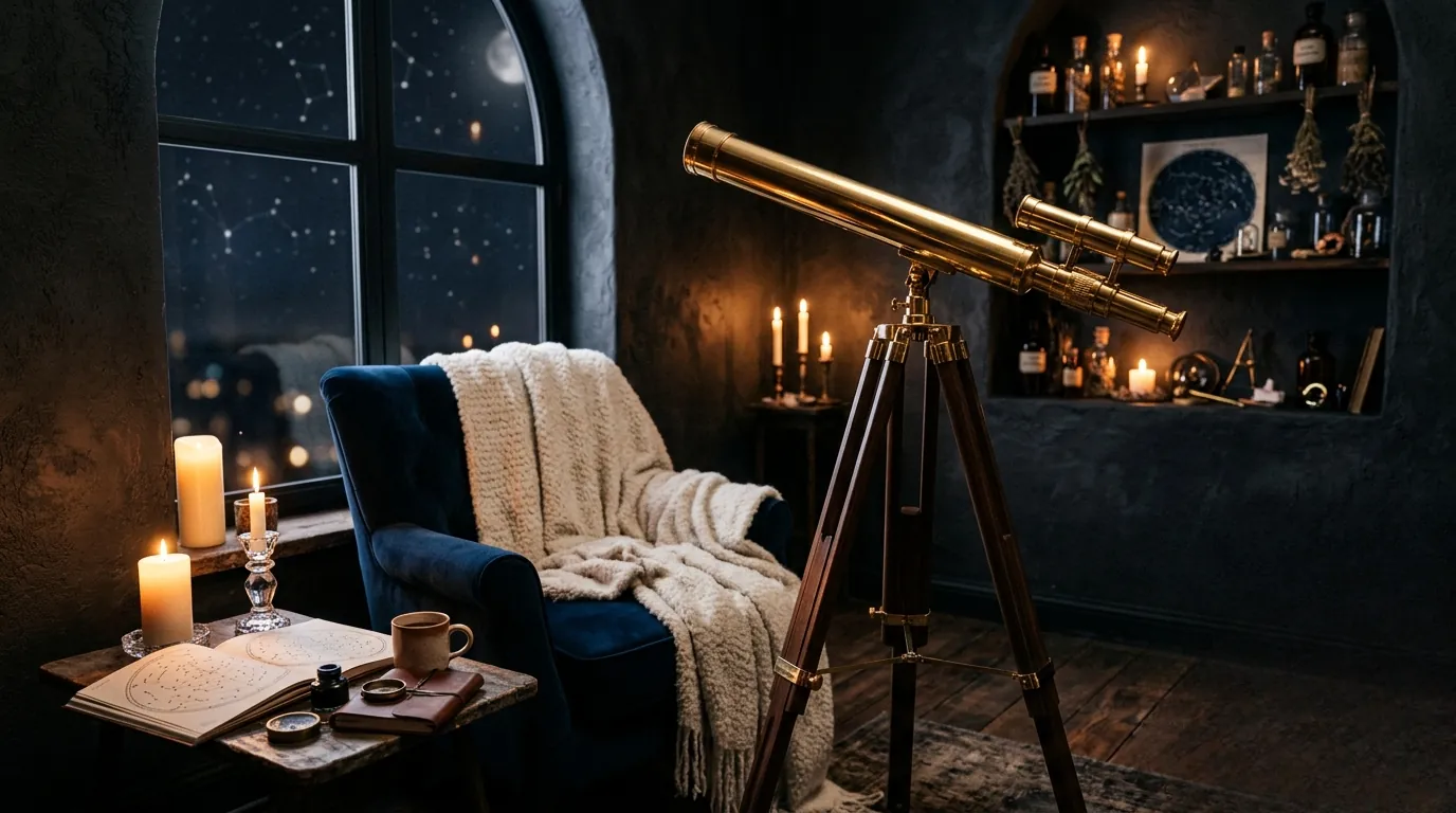 Un télescope en laiton installé dans une pièce sombre aux reflets dorés et chaleureux