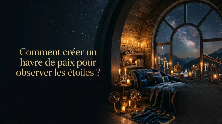Un coin salon confortable et mystique baigné de lumière dorée pour observer les étoiles depuis chez soi