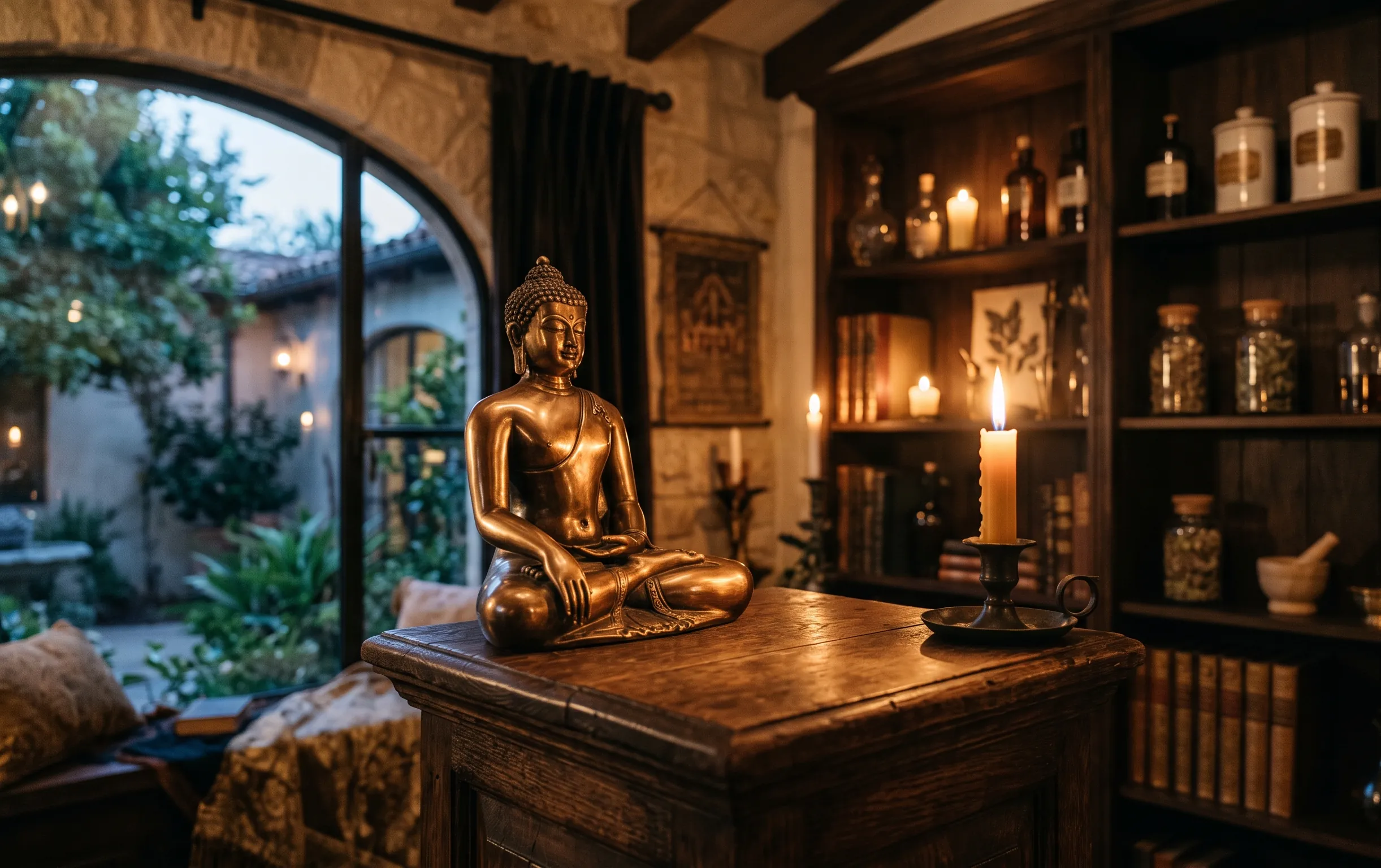 Une statuette en bronze representant une posture de padmasana lotus sur un meuble en bois sombre